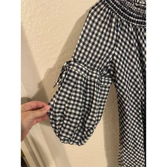 Y Max Edition Gingham Plaid Smocked Black & White Puffy Sleeve Cotton Midi Dress - Picture 4 of 10